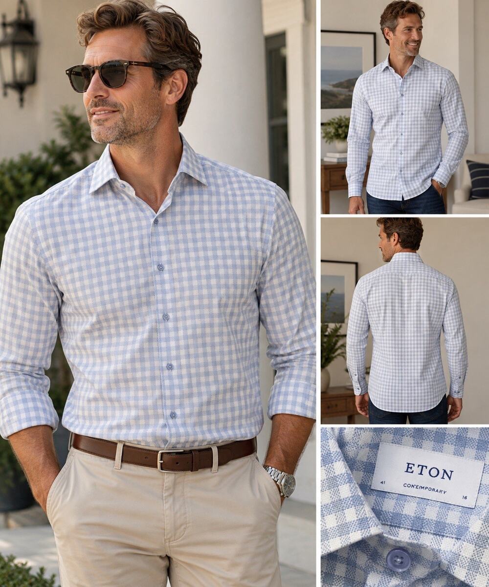 Eton Contemporary Fit Men’s Dress Shirt 41 16 Blue White Gingham Check Luxury